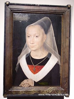 Portrait de femme, l'artiste a peint le bout des doigts sur le cadre.. exposition à l’hôpital Saint Jean de Brugge Bruges